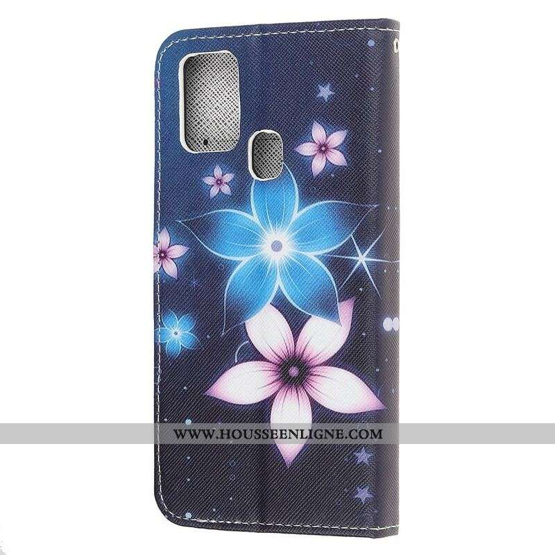 Housse Samsung Galaxy M21 Fleurs Lunaires à Lanière