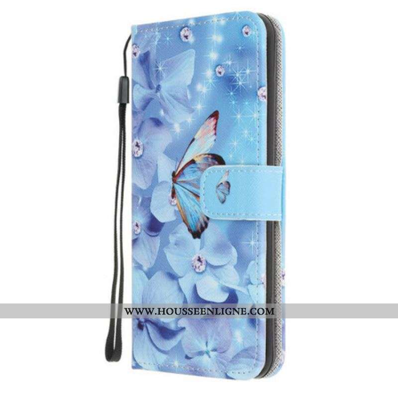Housse Samsung Galaxy M21 Papillons Diamants à Lanière