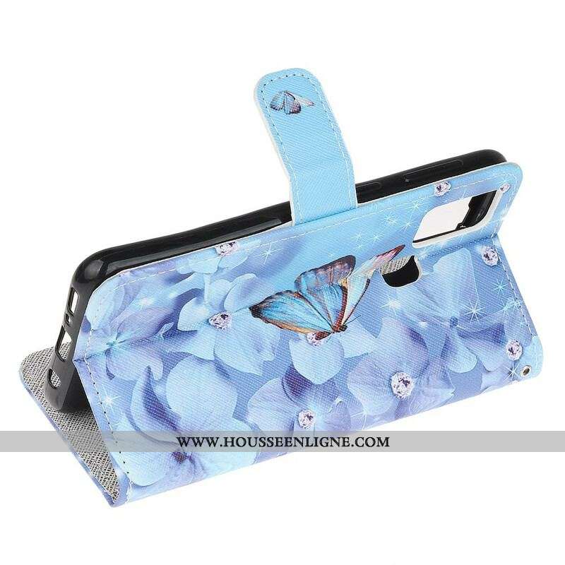 Housse Samsung Galaxy M21 Papillons Diamants à Lanière