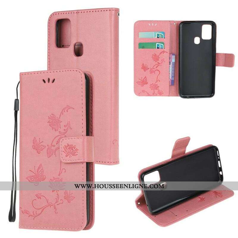 Housse Samsung Galaxy M21 Papillons Et Fleurs À Lanière
