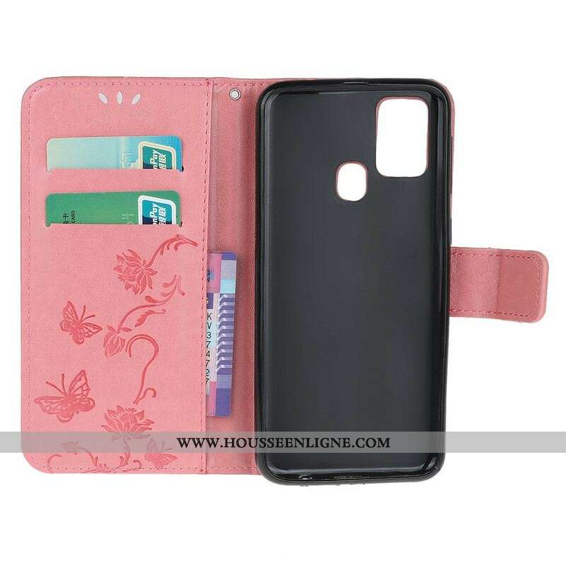 Housse Samsung Galaxy M21 Papillons Et Fleurs À Lanière