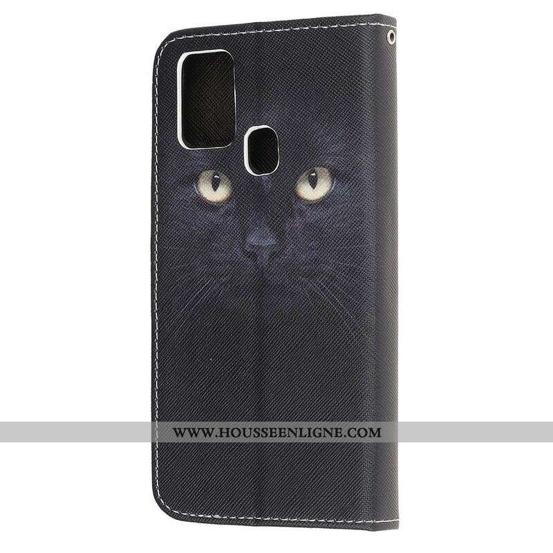 Housse Samsung Galaxy M31 Yeux de Chat Noir à Lanière