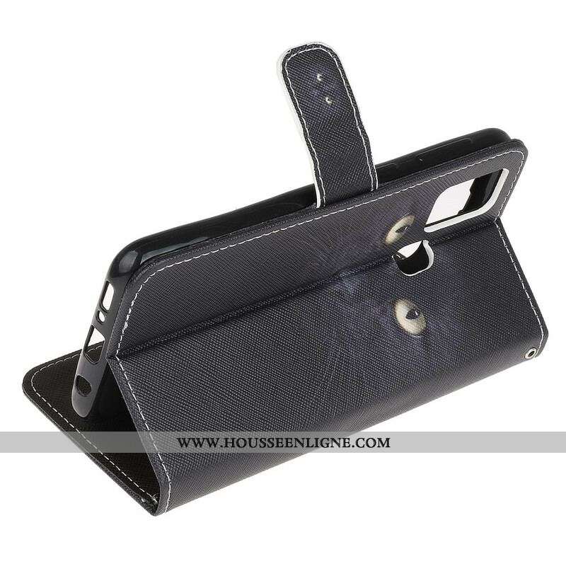 Housse Samsung Galaxy M31 Yeux de Chat Noir à Lanière