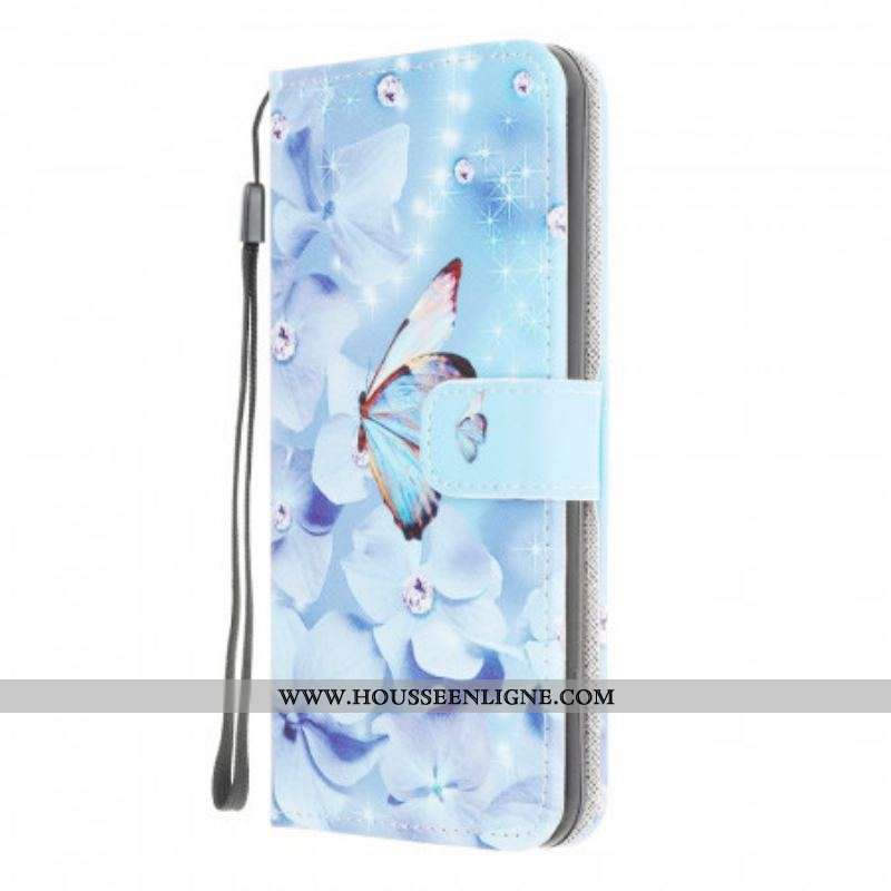 Housse Samsung Galaxy M32 Papillons Diamants à Lanière