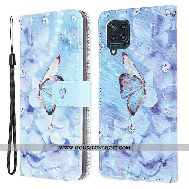 Housse Samsung Galaxy M32 Papillons Diamants à Lanière