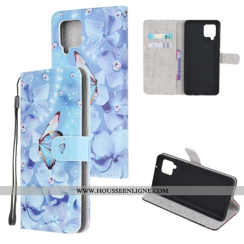 Housse Samsung Galaxy M32 Papillons Diamants à Lanière