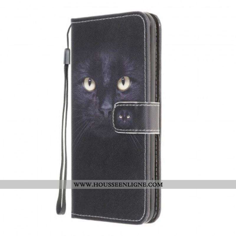 Housse Samsung Galaxy M32 Yeux de Chat Noir à Lanière