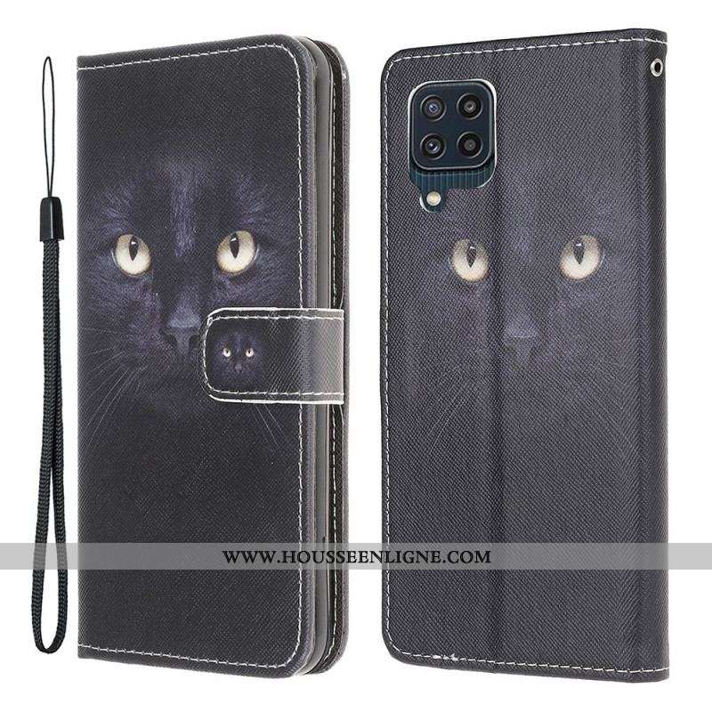 Housse Samsung Galaxy M32 Yeux de Chat Noir à Lanière