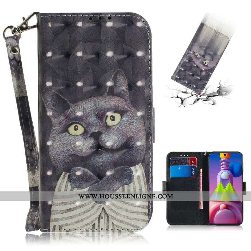 Housse Samsung Galaxy M51 Chat Gris à Lanière