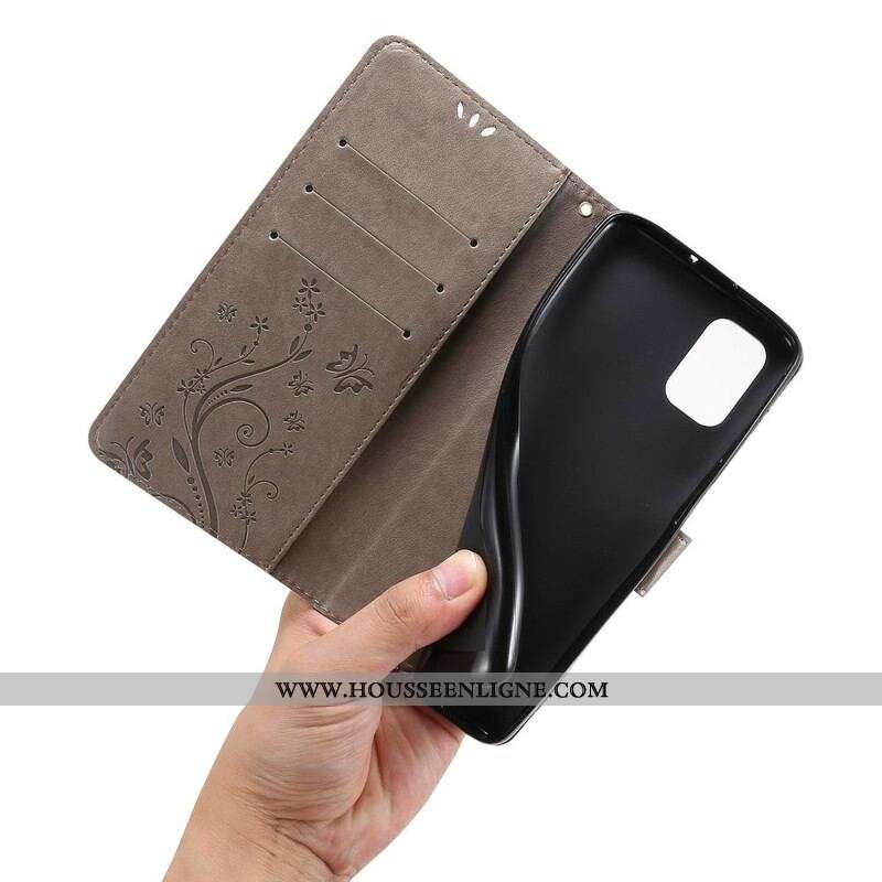 Housse Samsung Galaxy M51 Papillons Et Fleurs À Lanière