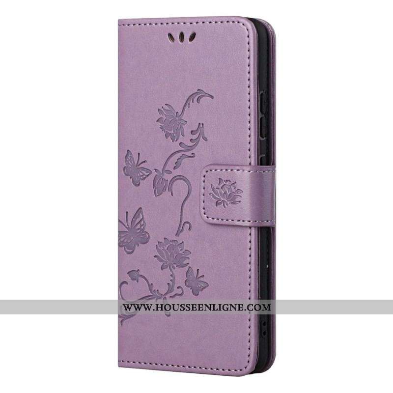 Housse Samsung Galaxy M52 5G Papillons et Fleurs à Lanière