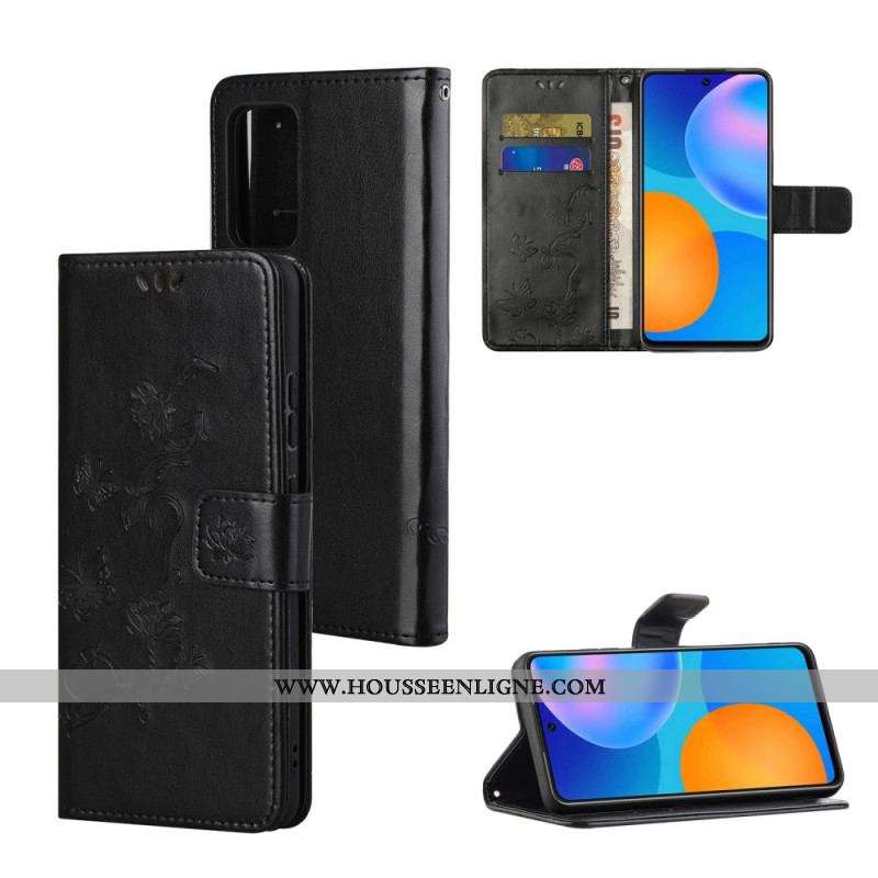 Housse Samsung Galaxy M52 5G Papillons et Fleurs à Lanière