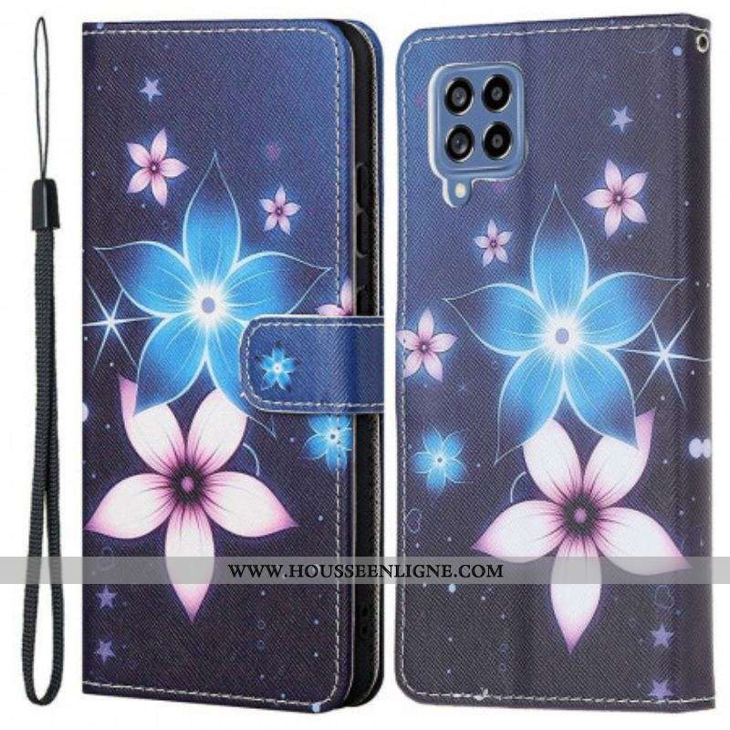 Housse Samsung Galaxy M53 5G Fleurs Lunaires à Lanière