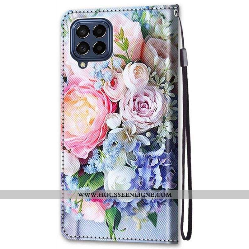 Housse Samsung Galaxy M53 5G Fleurs avec Lanière