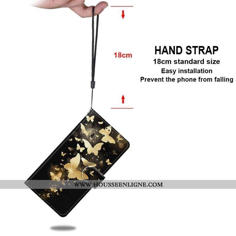 Housse Samsung Galaxy M53 5G Papillons Or à Lanière