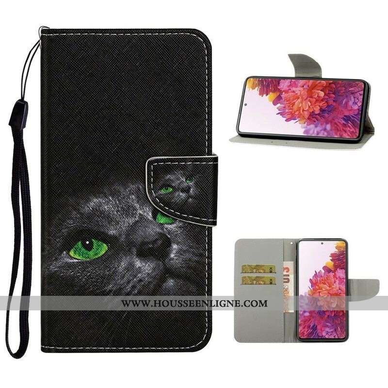Housse Samsung Galaxy S20 FE Chat aux Yeux Verts avec Lanière