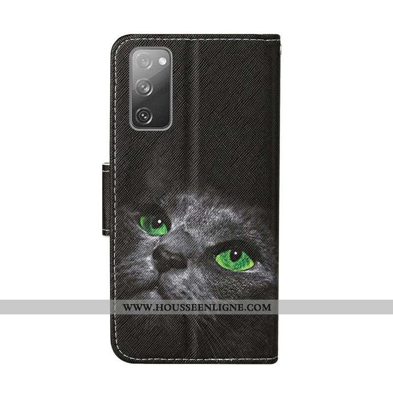 Housse Samsung Galaxy S20 FE Chat aux Yeux Verts avec Lanière