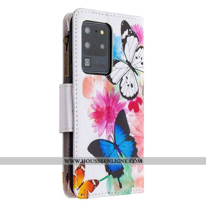 Housse Samsung Galaxy S20 Ultra Poche Zippée Papillons