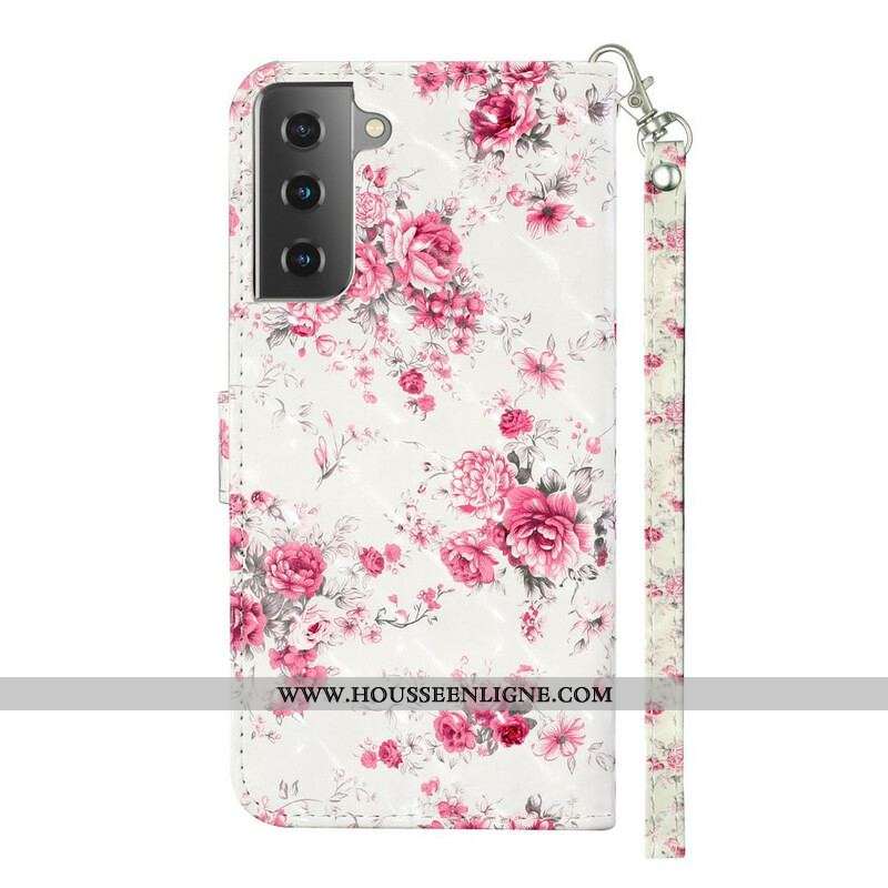 Housse Samsung Galaxy S21 5G Fleurs Light Spots à Lanière