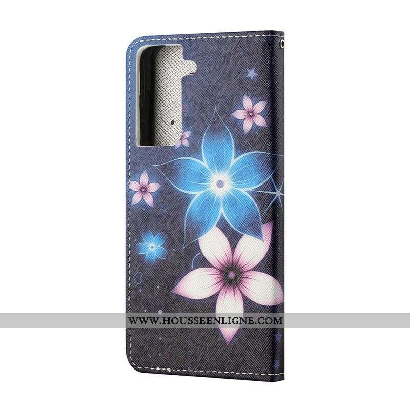 Housse Samsung Galaxy S21 5G Fleurs Lunaires à Lanière
