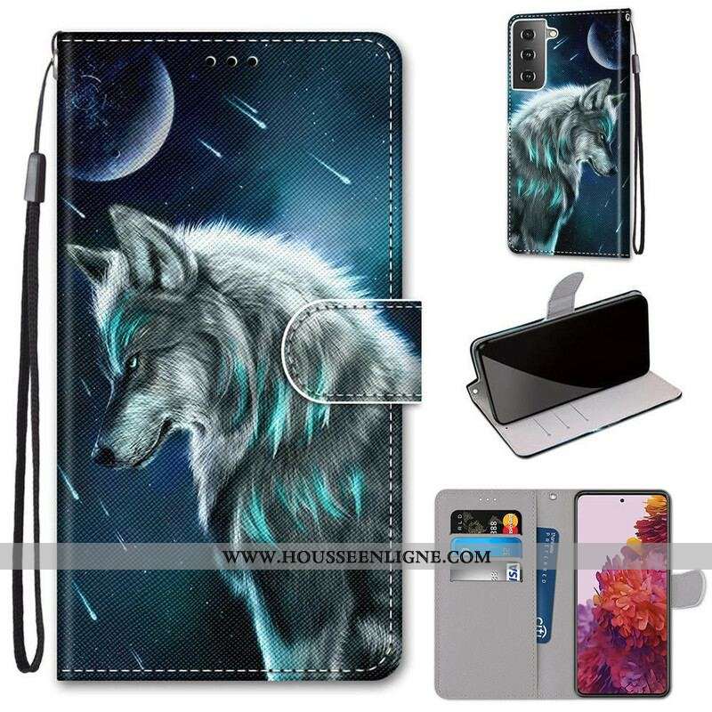 Housse Samsung Galaxy S21 5G Loup Sous une Pluie d'Étoiles