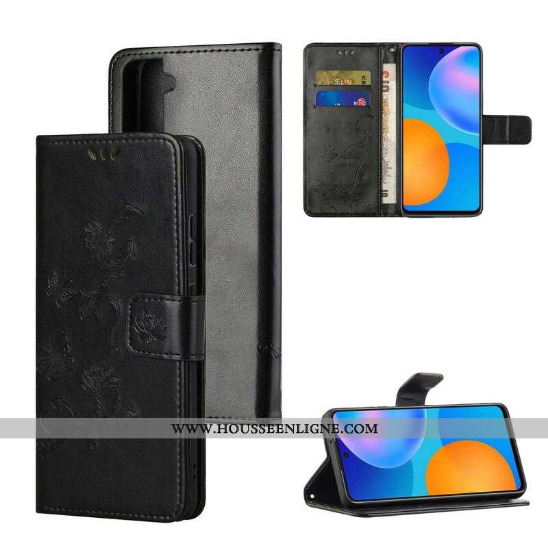 Housse Samsung Galaxy S21 5G Papillons Et Fleurs À Lanière