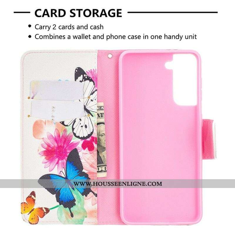 Housse Samsung Galaxy S21 5G Papillons et Fleurs Peints