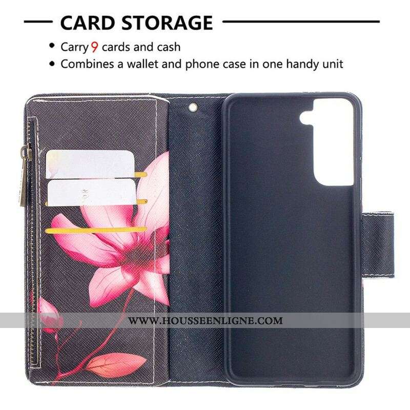 Housse Samsung Galaxy S21 5G Poche Zippée Fleur