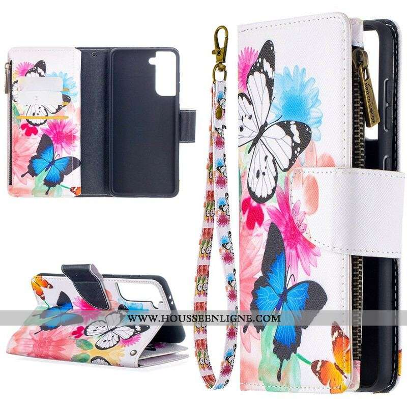 Housse Samsung Galaxy S21 5G Poche Zippée Papillons