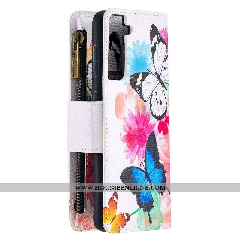 Housse Samsung Galaxy S21 5G Poche Zippée Papillons
