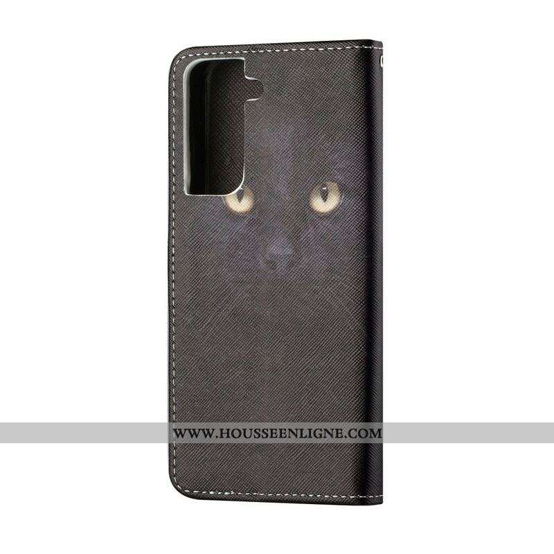 Housse Samsung Galaxy S21 5G Yeux de Chat Noir à Lanière