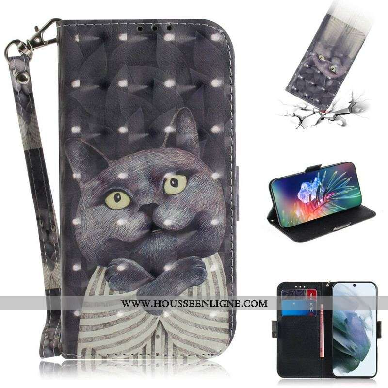 Housse Samsung Galaxy S21 FE Chat Gris à Lanière