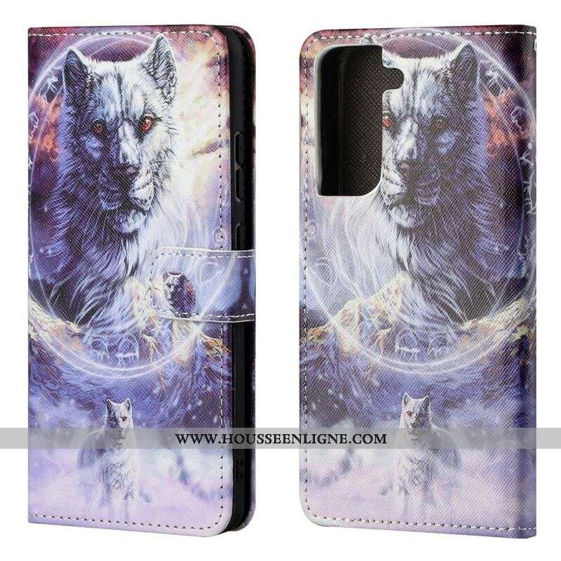 Housse Samsung Galaxy S21 FE Loup en Hiver avec Lanière