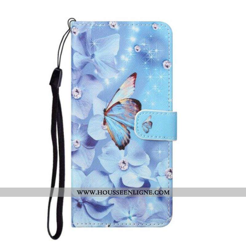 Housse Samsung Galaxy S21 FE Papillons Diamants à Lanière