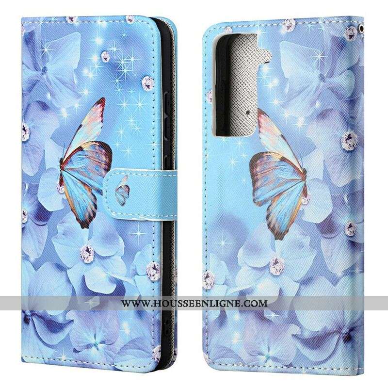 Housse Samsung Galaxy S21 FE Papillons Diamants à Lanière