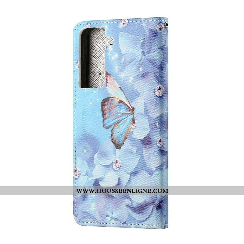 Housse Samsung Galaxy S21 FE Papillons Diamants à Lanière