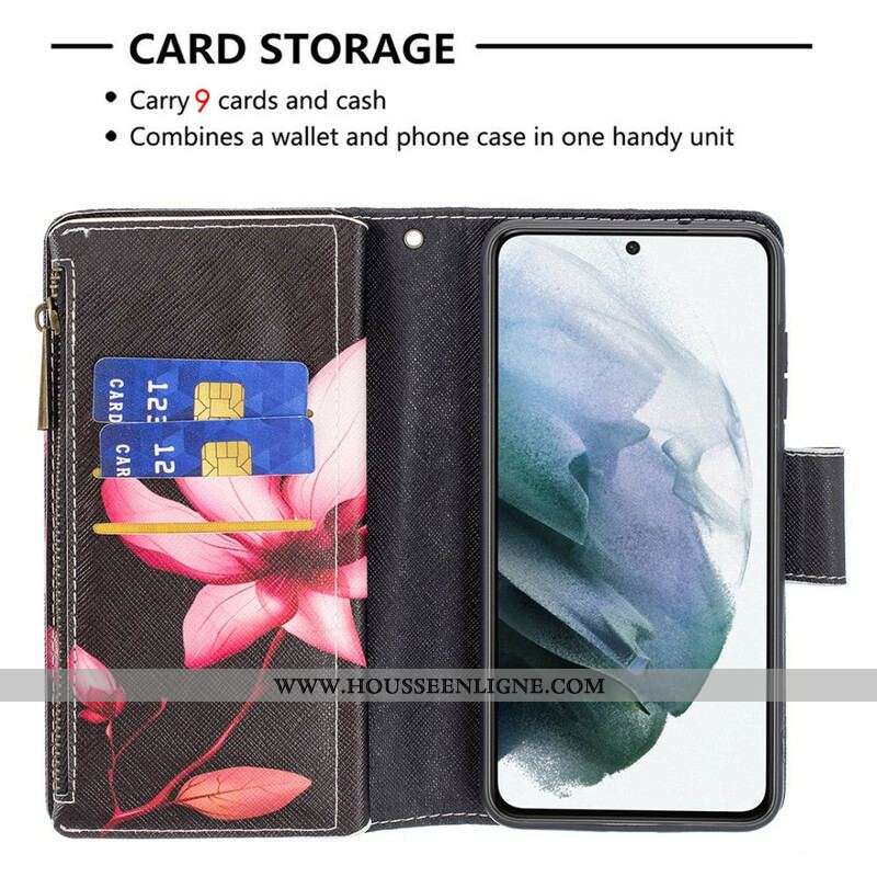 Housse Samsung Galaxy S21 FE Poche Zippée Fleur