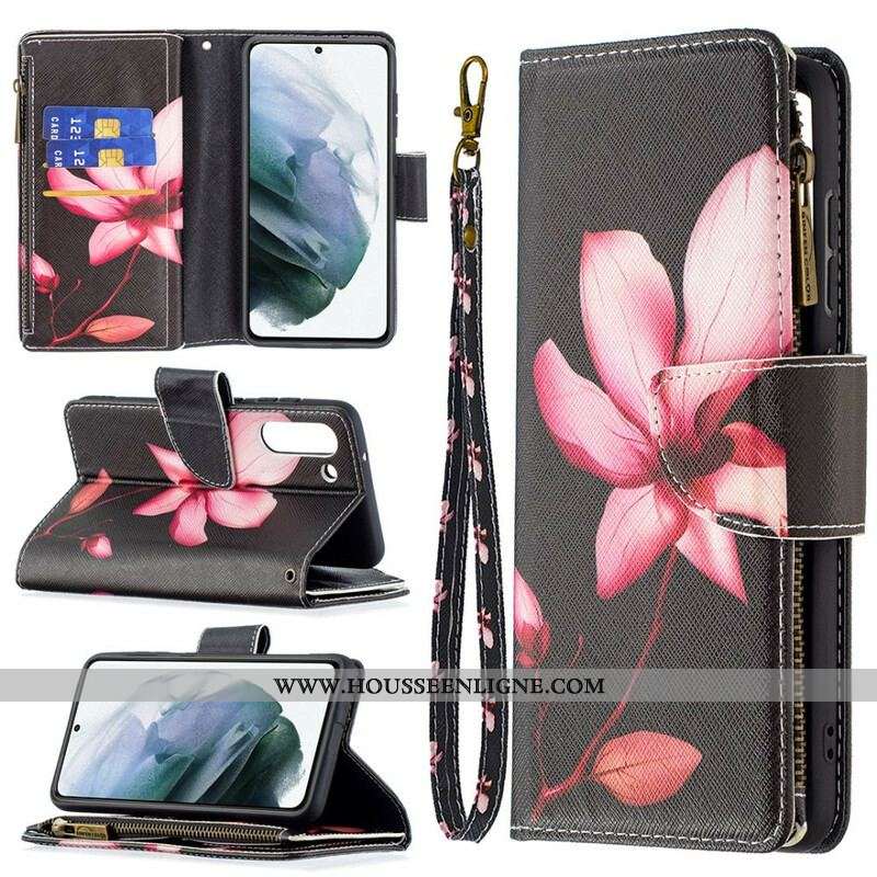 Housse Samsung Galaxy S21 FE Poche Zippée Fleur