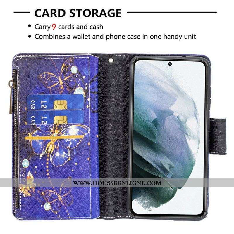 Housse Samsung Galaxy S21 FE Poche Zippée Papillons Papillons