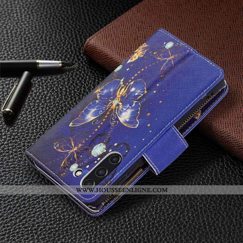 Housse Samsung Galaxy S21 FE Poche Zippée Papillons Papillons