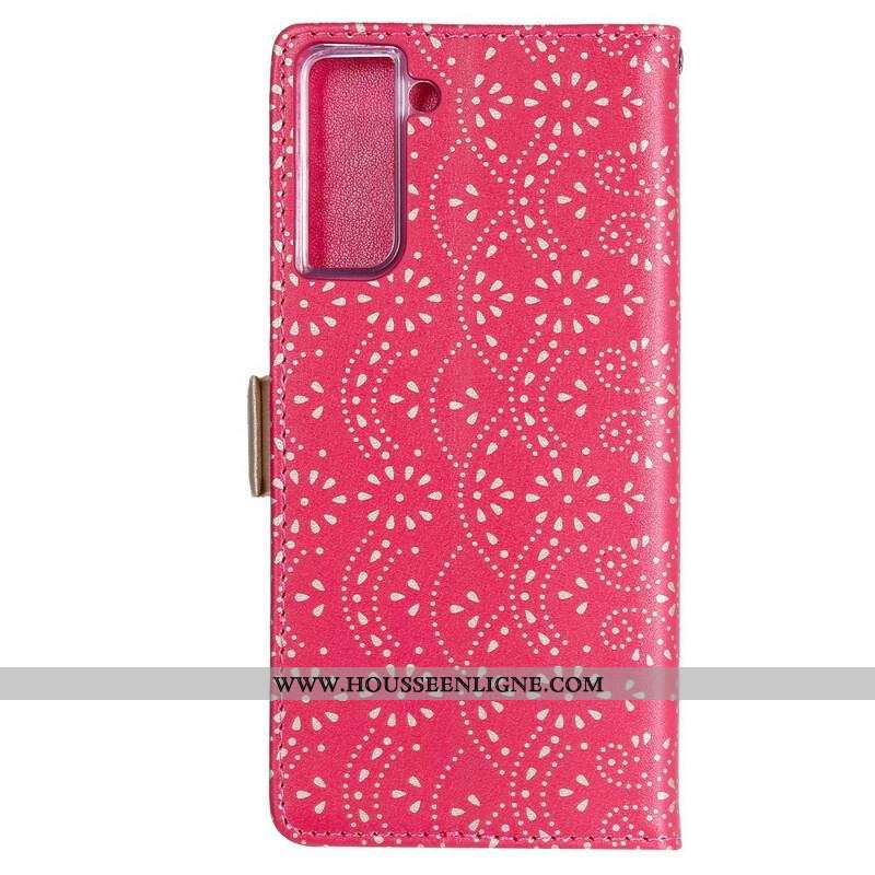 Housse Samsung Galaxy S21 Plus 5G Dentelle Porte-Monnaie à Lanière