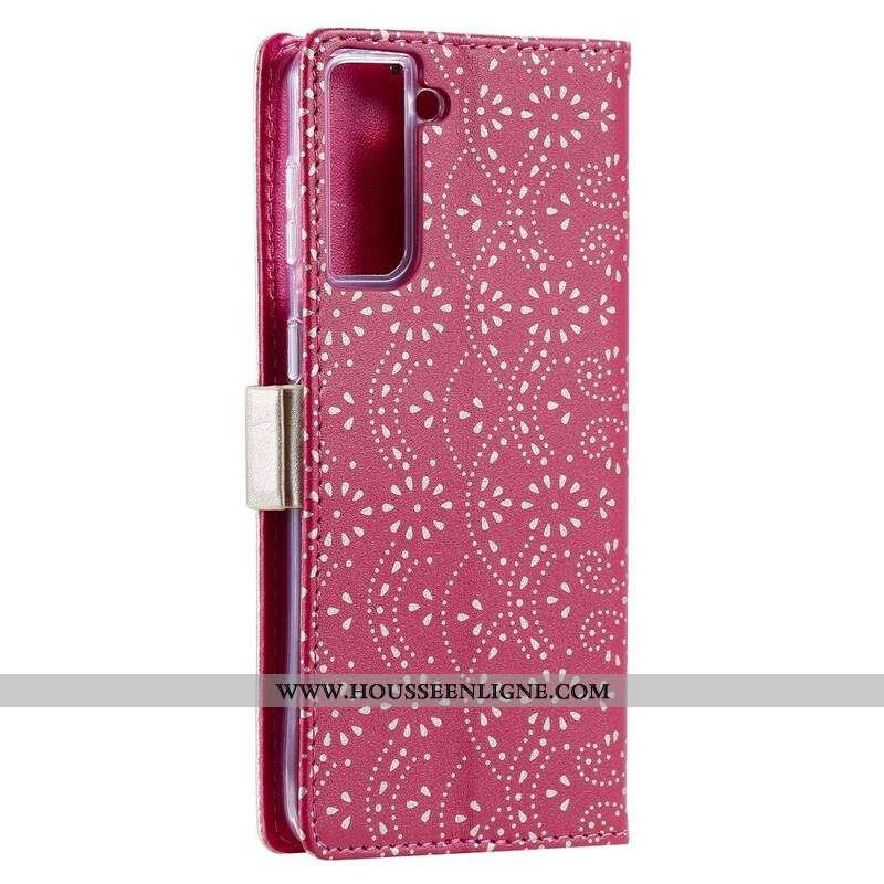 Housse Samsung Galaxy S21 Plus 5G Dentelle Porte-Monnaie à Lanière