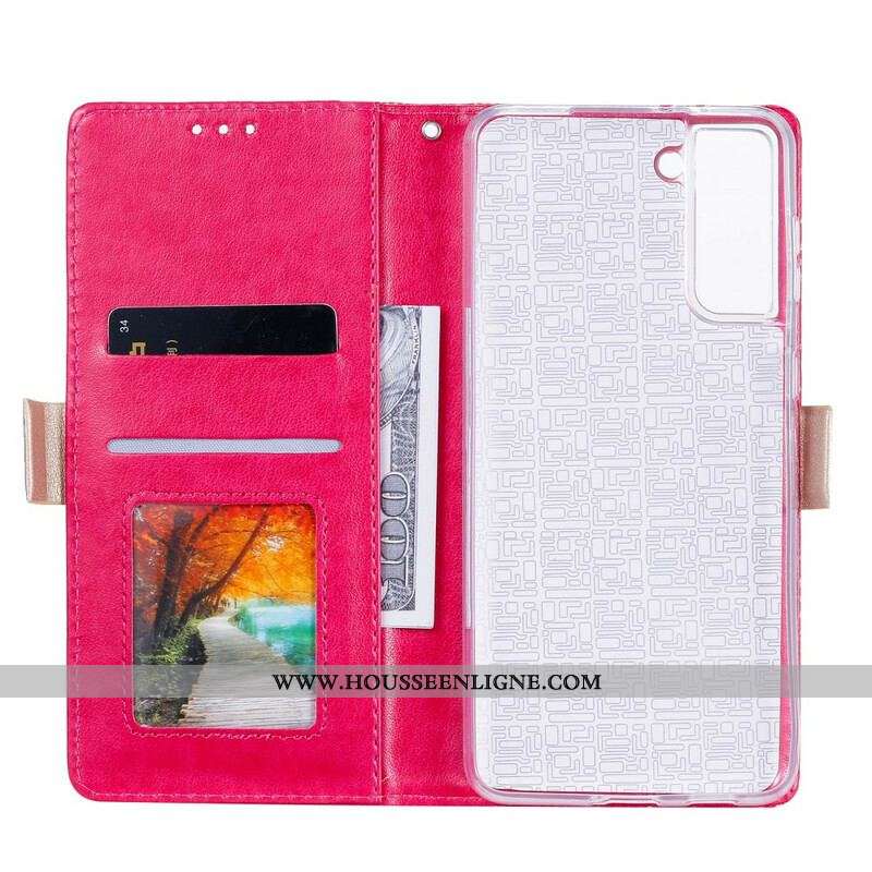 Housse Samsung Galaxy S21 Plus 5G Dentelle Porte-Monnaie à Lanière