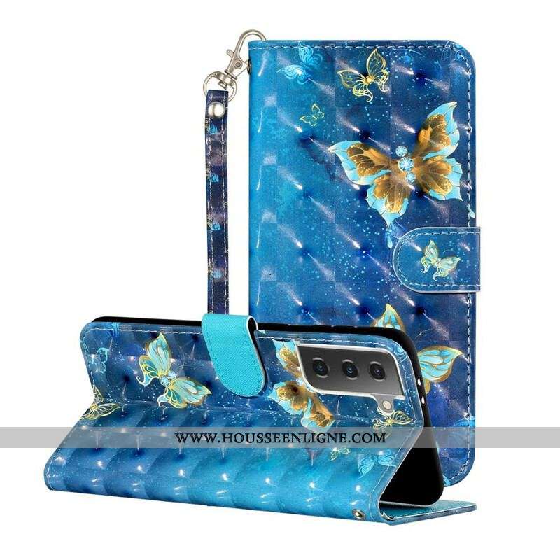 Housse Samsung Galaxy S21 Plus 5G Light Spot Papillons avec Lanière