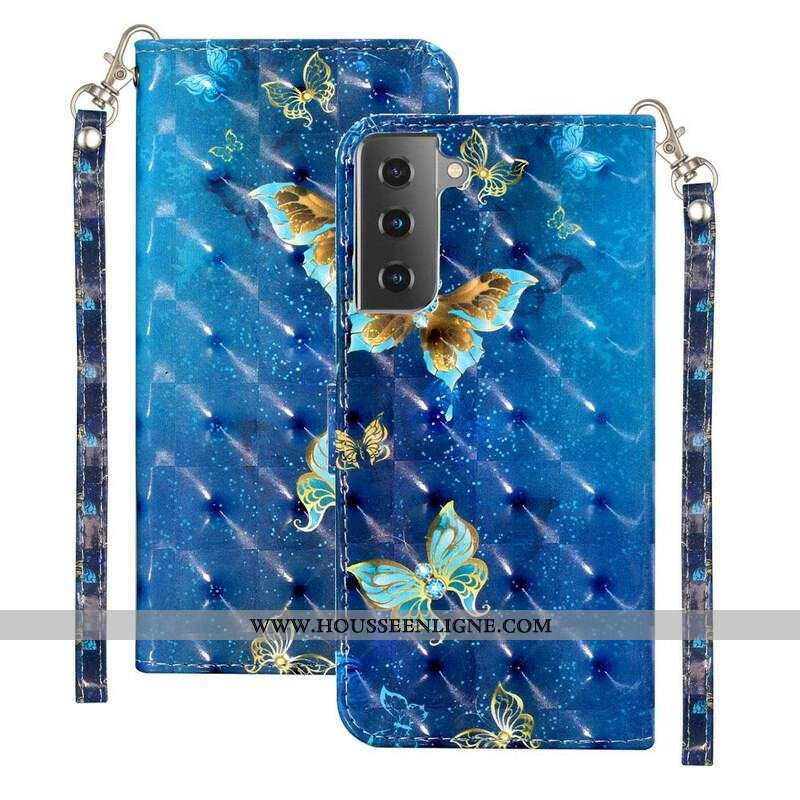 Housse Samsung Galaxy S21 Plus 5G Light Spot Papillons avec Lanière