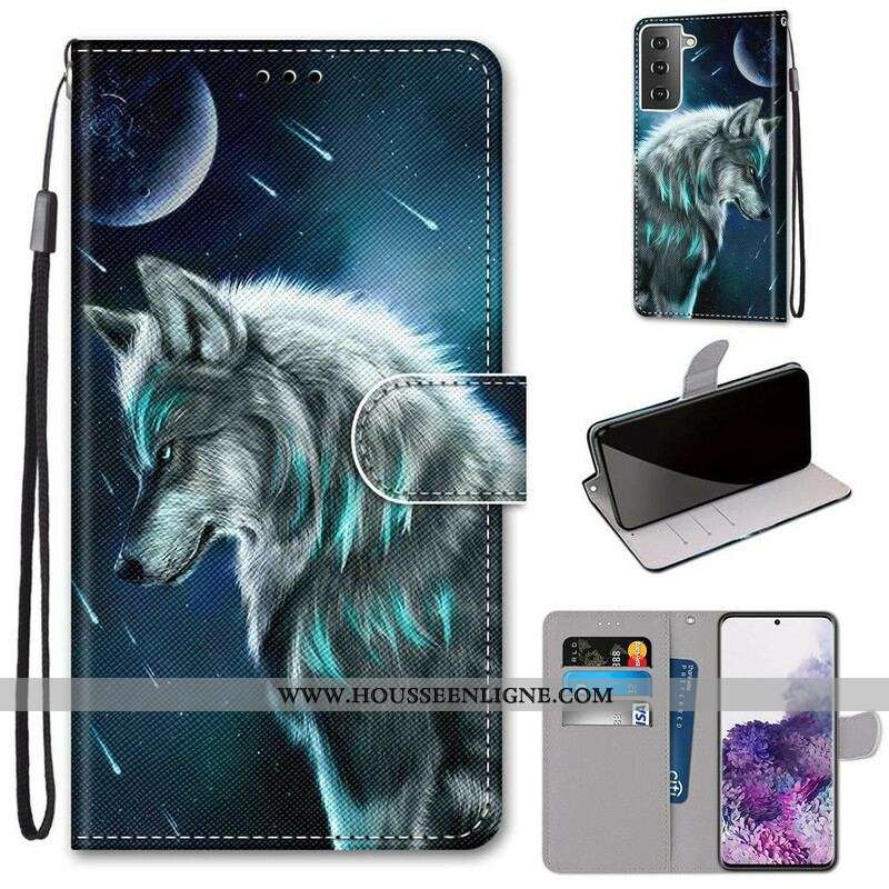 Housse Samsung Galaxy S21 Plus 5G Loup Sous une Pluie d'Étoiles