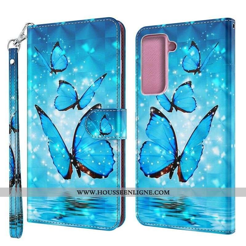 Housse Samsung Galaxy S21 Plus 5G Papillons Bleus Volants
