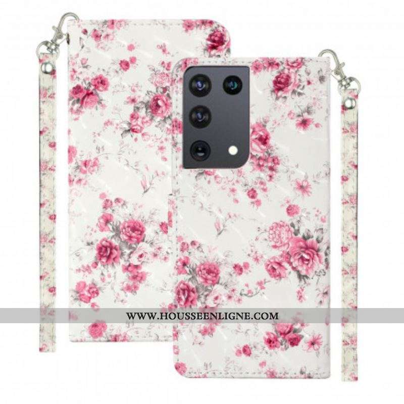 Housse Samsung Galaxy S21 Ultra 5G Fleurs Light Spots à Lanière
