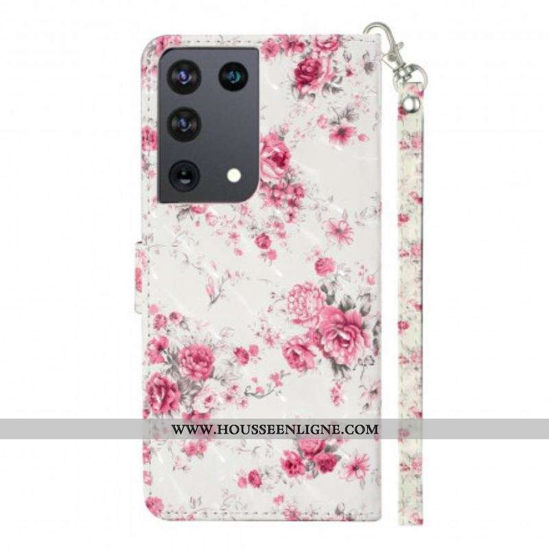 Housse Samsung Galaxy S21 Ultra 5G Fleurs Light Spots à Lanière