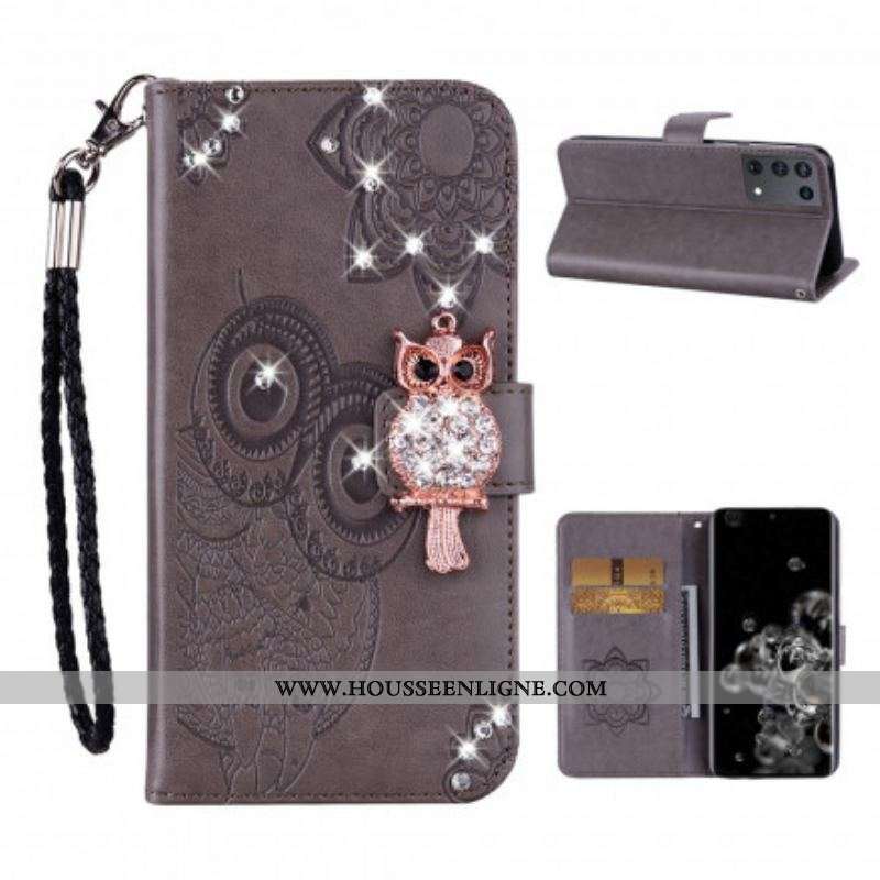 Housse Samsung Galaxy S21 Ultra 5G Hibou Mandala et Breloque